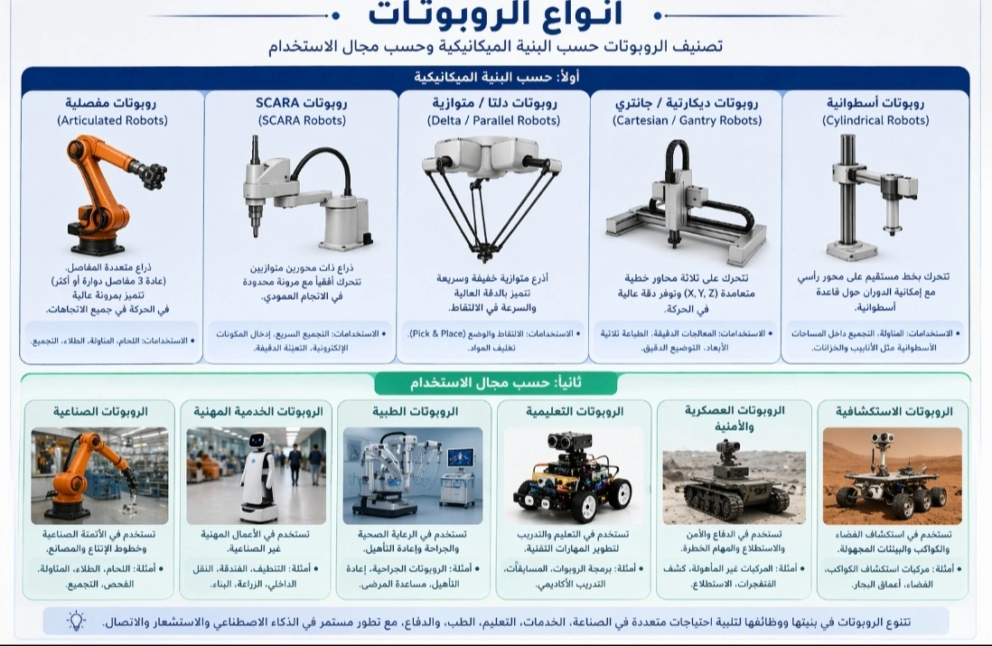 تصنيف انواع الروبوتات حسب البنية الميكانيكية ومجال الاستخدام مثل الروبوتات الصناعية والطبية والعسكرية